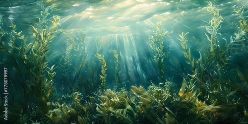 Sunlight Filtering Through Underwater Greenery Illuminating a Serene Aquatic Ecosystem