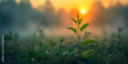 Serene Morning Sunrise Illuminates Tender Young Plant in Misty Landscape