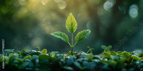 Young plant framed against misty morning backdrop showcasing serene natural start to the day