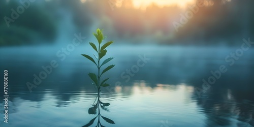 Serene Sprout Reflected on Misty Morning Lake