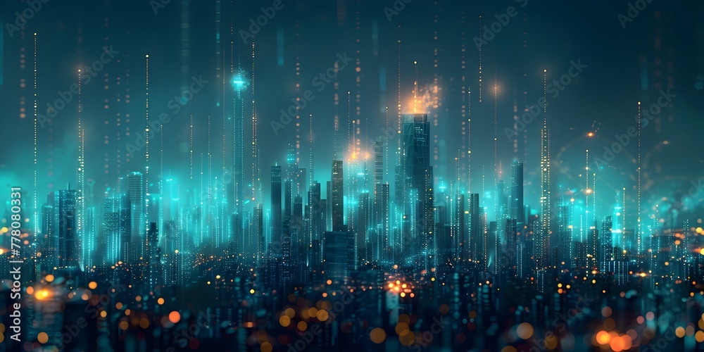 Fototapeta premium Futuristic Cityscape Silhouette with Holographic Data Streams Depicting the Technological Urban Landscape of the Future