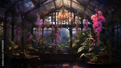 An isolated greenhouse filled with radiant orchids and rare succulents, where droplets of water glisten like jewels on leaves. © Raziq