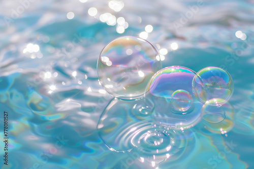 Soft, iridescent bubbles dancing on a floating surface, super realistic