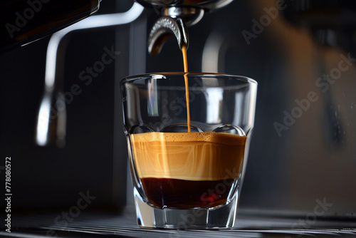 The glossy sheen of a freshly poured shot of espresso against a dark background, super realistic