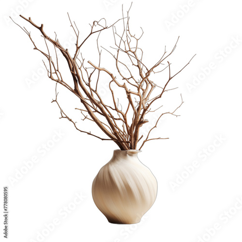 Still life photography of a ceramic vase with dry branches on a beige background