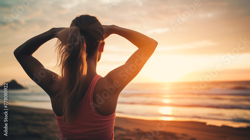 Female runner stretching hands at the beach. Woman exercising outdoors in the morning