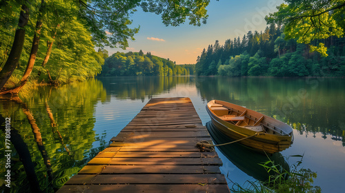 a colorful summer view by the lake, clear blue sky reflecting on the calm water, surrounded by lush green trees. A wooden pier stretches out into the water with a rowboat tied to it, Generative AI