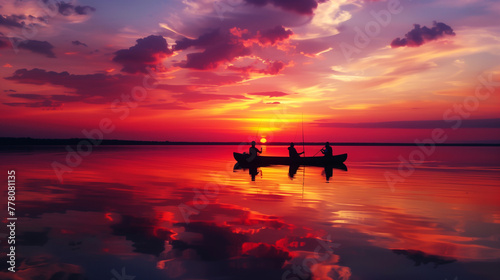 A vivid summer lake scene at sunset. Silhouettes of people fishing from the shore, a canoe gently floating on the glassy water reflecting the spectacular sky, Generative AI