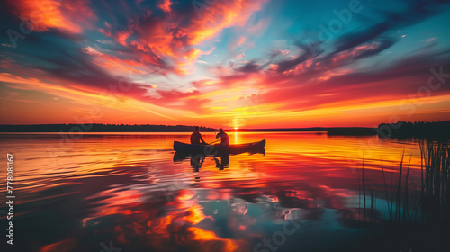 A vivid summer lake scene at sunset. Silhouettes of people fishing from the shore, a canoe gently floating on the glassy water reflecting the spectacular sky, Generative AI