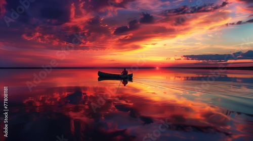 A vivid summer lake scene at sunset. Silhouettes of people fishing from the shore, a canoe gently floating on the glassy water reflecting the spectacular sky, Generative AI