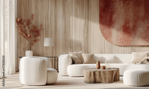 Minimalist living room with a chic curved ivory sofa and stump coffee table by a textured wooden wall. Interior design photo