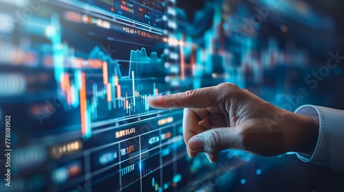 hand pushing a button on a touch screen interface market chart