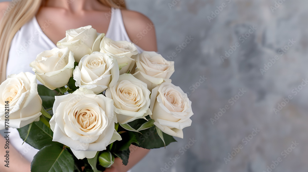White rose bouquet in the hands of a beautiful girl