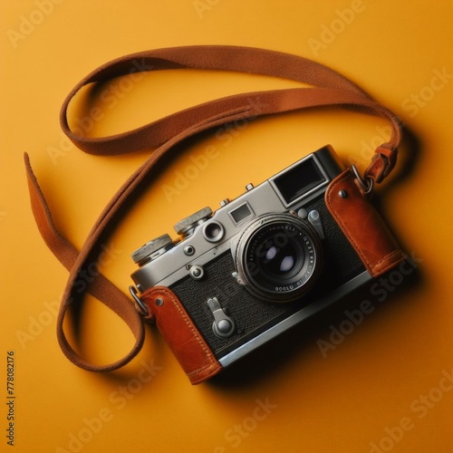 A vintage film camera, on a plain mustard yellow