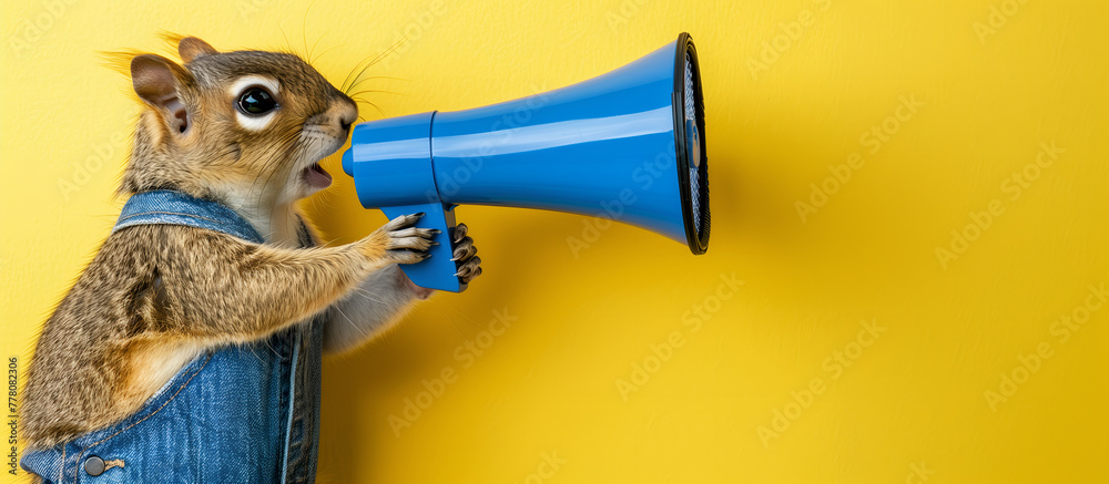 Fototapeta premium Squirrel announcing using megaphone. Notifying, warning, announcement.