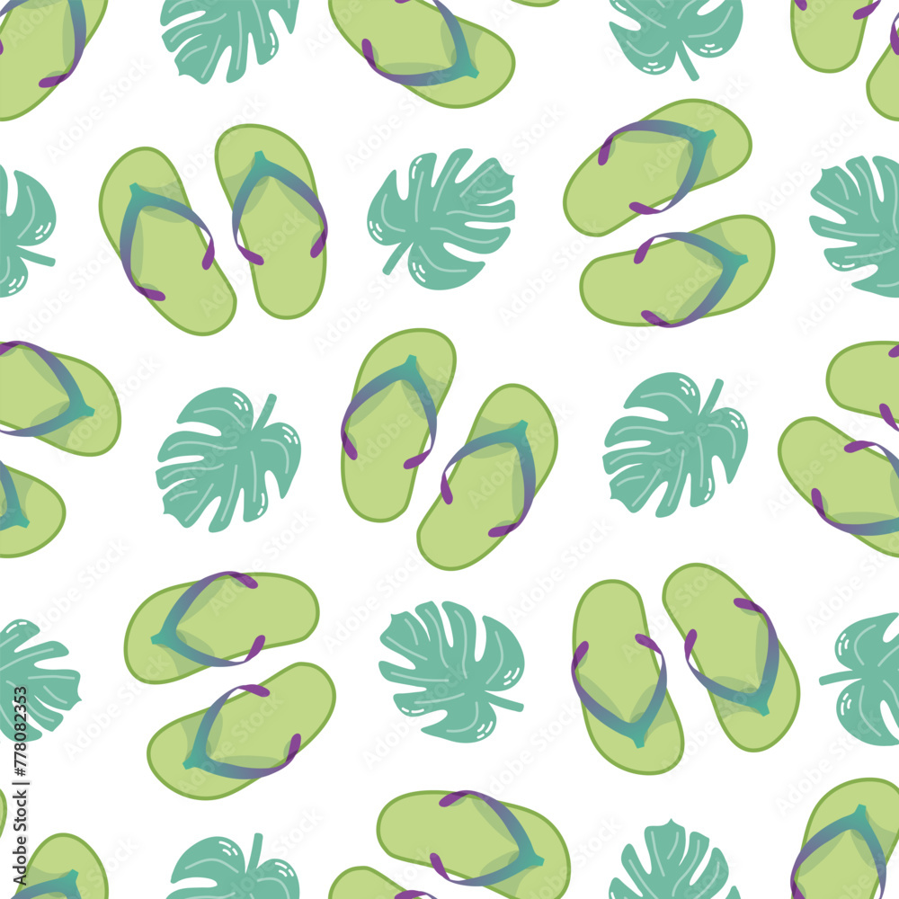 Cute hand drawn flip flops and plant leaf seamless pattern. Flat vector illustration. Doodle drawing. Cute hand drawn flip flops and plant leaf seamless pattern. Flat vector illustration. Doodle drawing.