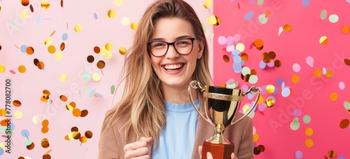 Woman celebrating success with cup in hand