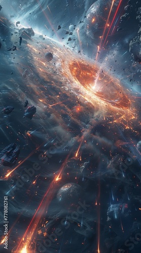 Interstellar war scene with laser battles over a blackhole