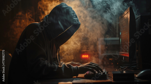 A man in a hoodie is typing on a keyboard in front of a red, blue