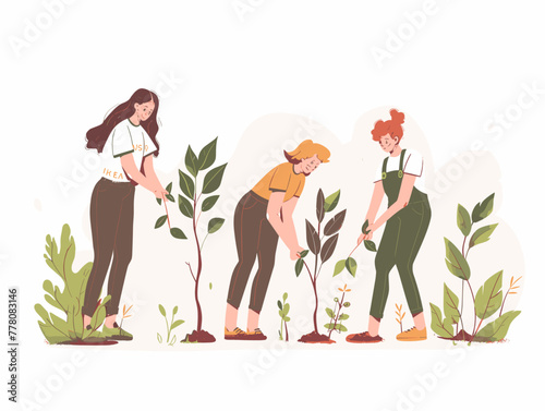 teamwork in the park - volunteers planting trees
