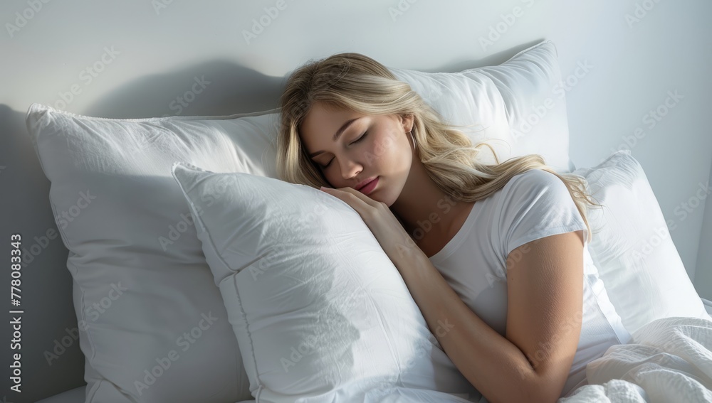Woman hugging pillow sleeping on bed Woman hugging pillow sleeping on bed