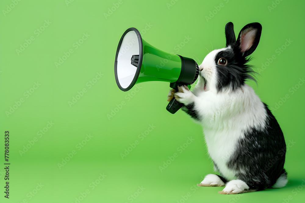 Fototapeta premium Rabbit announcing using megaphone. Notifying, warning, announcement.