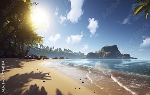 Tropical paradise beach with white sand and palms travel tourism background concept.