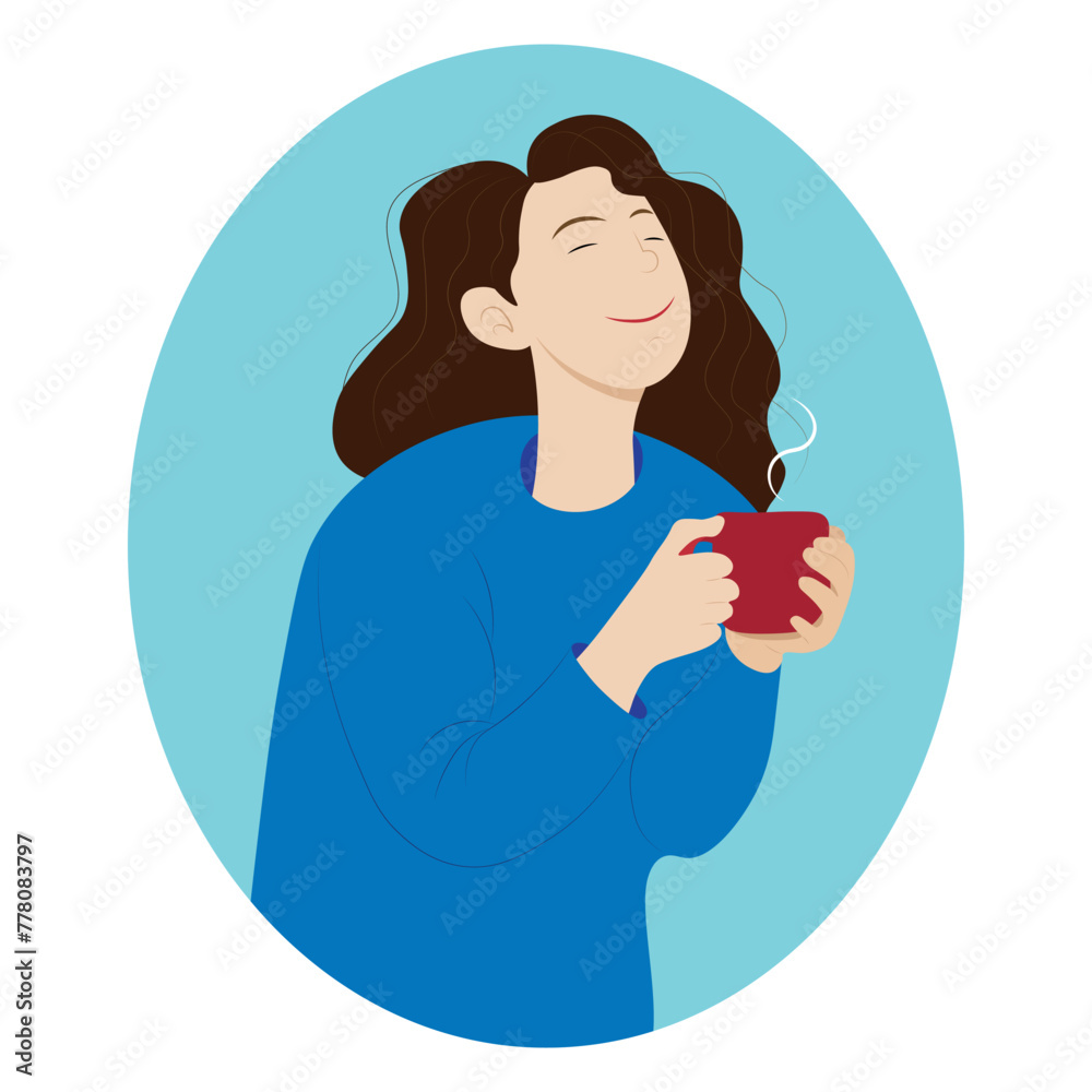 Cartoon girl with a cup of coffee in her hands, closed her eyes in pleasure, isolate on white, flat vector Cartoon girl with a cup of coffee in her hands, closed her eyes in pleasure, isolate on white, flat vector