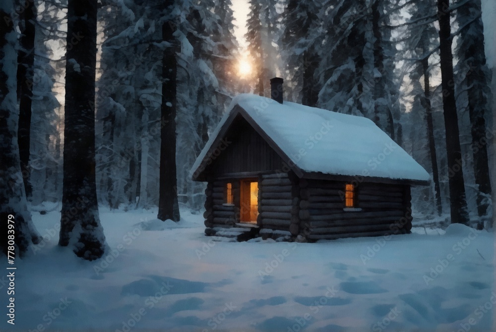 Beautiful winter landscape with a snow-covered coniferous forest and a hut.