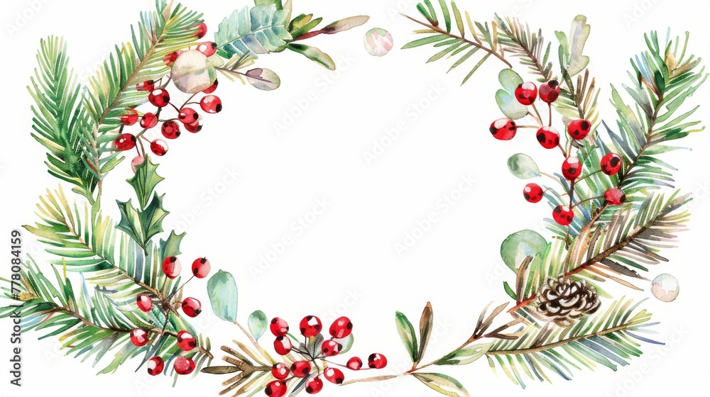 Watercolor wreath of winterberries and fir in a rectangle frame, holiday theme,