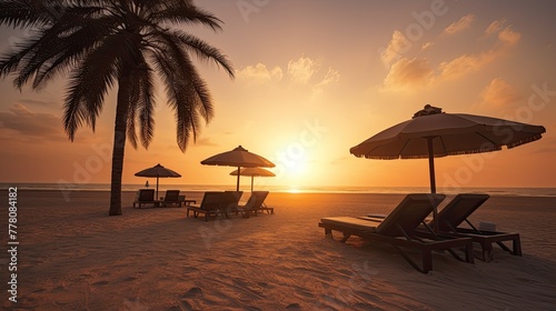 Beautiful sunset beach  sun lounger and umbrella on a sandy beach by the sea