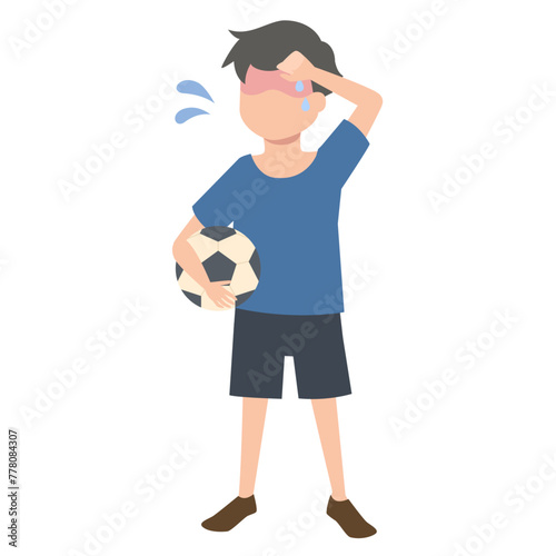 サッカーボールを持って汗をかいている男の子のイラスト