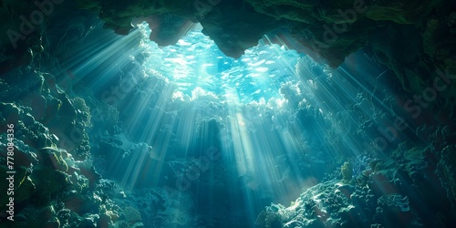Captivating Sunlit Underwater Cave Entrance Inviting of Hidden Aquatic Wonders