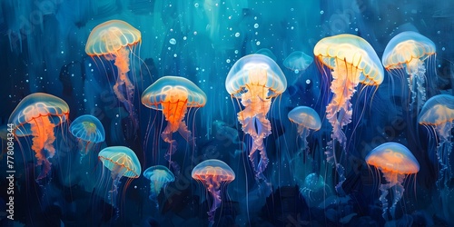 Ethereal Dance of Bioluminescent Jellyfish in Sunlit Blue Waters