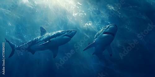 Powerful Sharks Prowling the Sunlit Depths of the Vast Blue Ocean © Thares2020