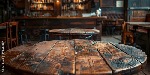 An empty wooden table with a rich aged patina sits against the backdrop of a vintage pub s dark wood counter photo