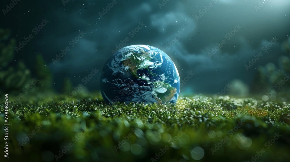 the Earth globe covered with green plants and trees, symbolizing ecological balance and care for the environment - obrazy, fototapety, plakaty 