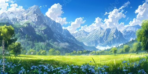 Expansive Meadow Framed by Magnificent Mountain Peaks in Tranquil Pastoral Landscape