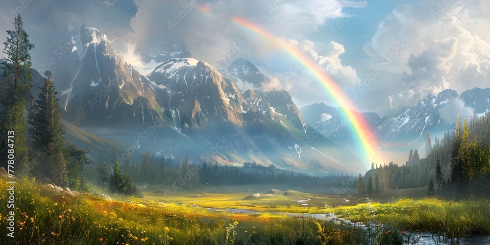 Majestic Rainbow Arching Over Serene High Meadow Framed by Towering Snow Capped Mountains Majestic Rainbow Arching Over Serene High Meadow Framed by Towering Snow Capped Mountains