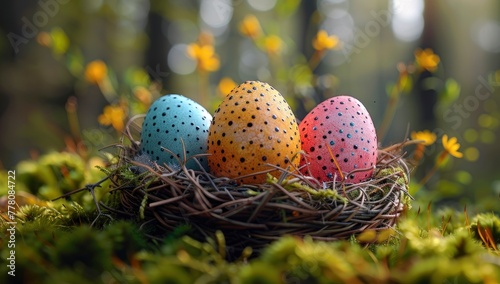 Colorful Easter eggs in a basket on green grass with flowers