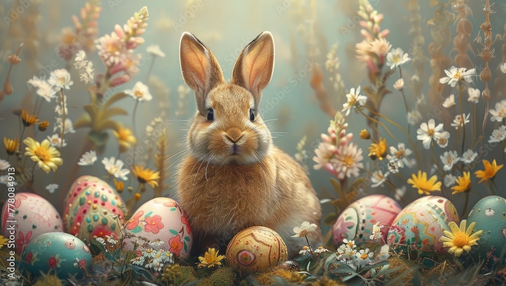 A cute Easter bunny surrounded by colorful eggs and flowers A cute Easter bunny surrounded by colorful eggs and flowers