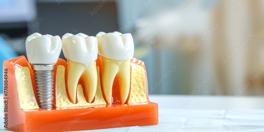Obraz premium A close-up view of a dental model showcasing a tooth and a dental implant, illustrating dental implant procedure and restoration