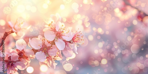 A close-up view of a delicate pink flower blooming on a tree branch, surrounded by green leaves