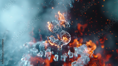Detailed view of a dollar sign made of ice melting and burning on a fiery blaze against a black backdrop