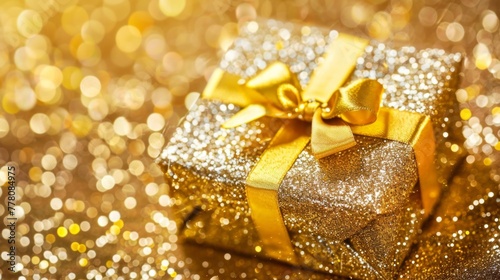 An elegant gold gift box adorned with a shiny bow
