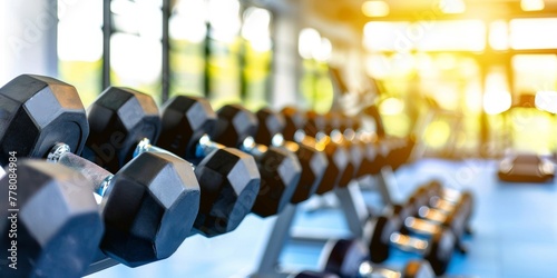 A set of dumbbells lined up and ready for a workout in a modern gym photo
