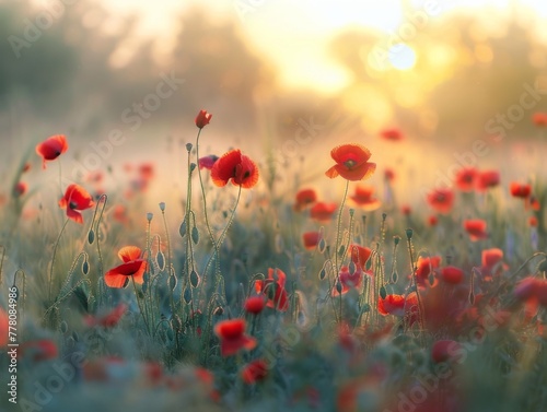 field of poppies at sunrise, beautiful summer landscape with red flowers in the meadow, vibrant background with morning sun rays and misty air