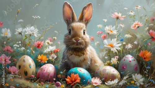 A cute Easter bunny surrounded by colorful eggs and flowers