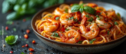a close up of a bowl of pasta with shrimp and tomato sauce on a black surface with basil and pepper sprigs.