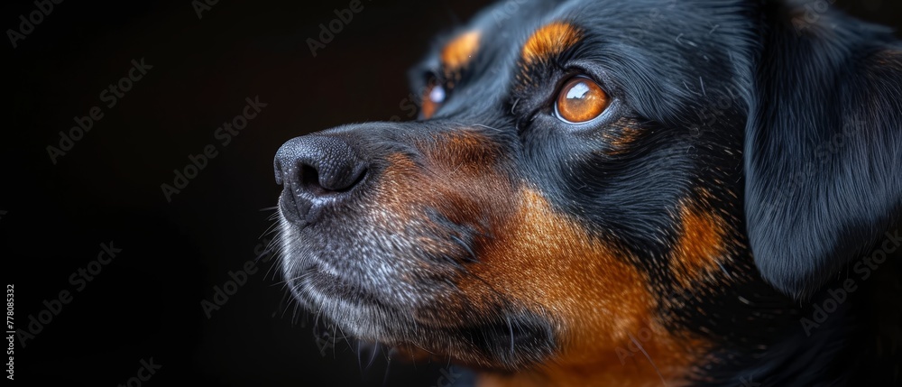a close up of a dog's face with an intense look on it's face and a black background. a close up of a dog's face with an intense look on it's face and a black background.